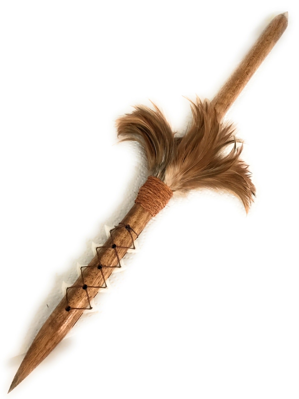 Koa Spear 24 in with Shark Teeth & Brown Feathers | #koa38s Koa Spear 24 in with Shark Teeth & Brown Feathers | #koa38s